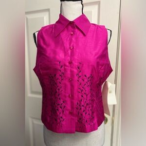 Ice Fuchsia Sleeveless Button-Down Top with Black Embroidery